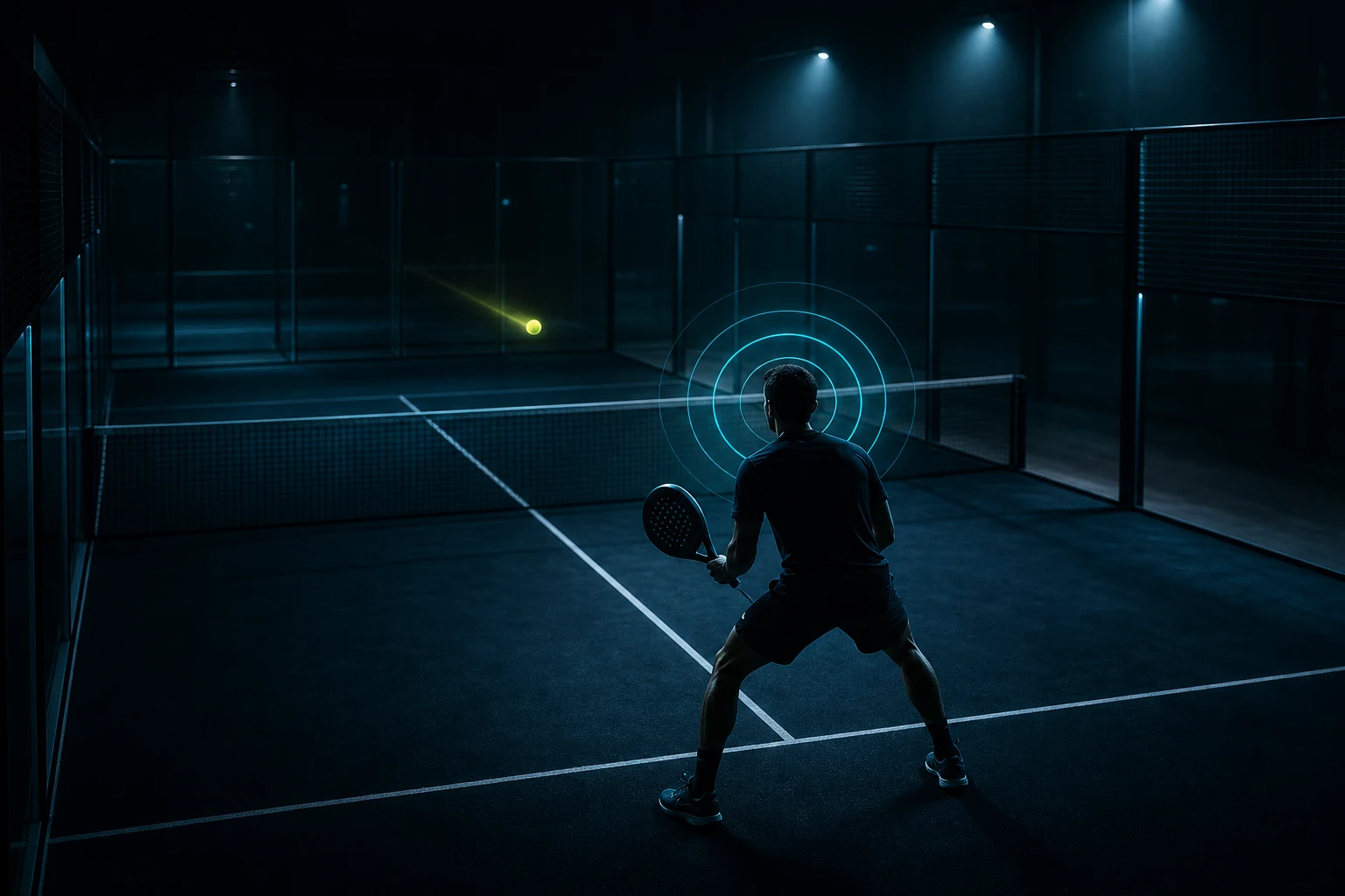 Konzentrierter Padelspieler auf einem dunklen Court mit leuchtendem Ball und cyanfarbenen Fokusringen