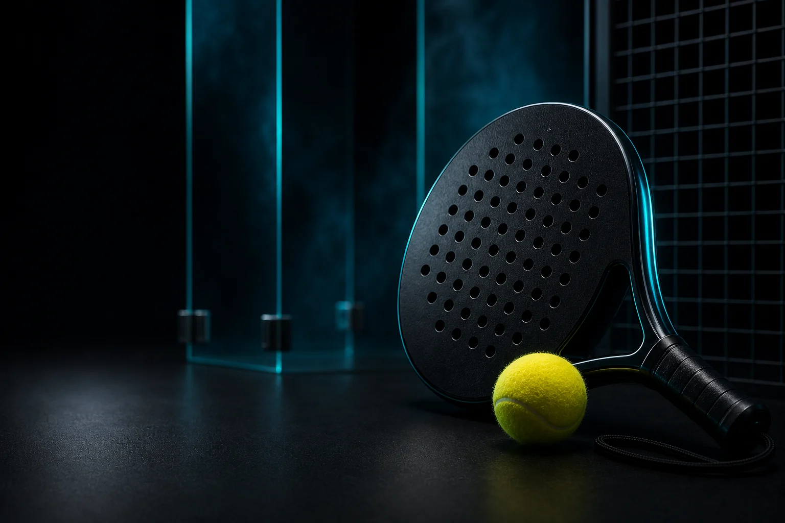 Padel-Schläger und Ball vor Glaswand und Gitter im PadelCompass Neon-Stil